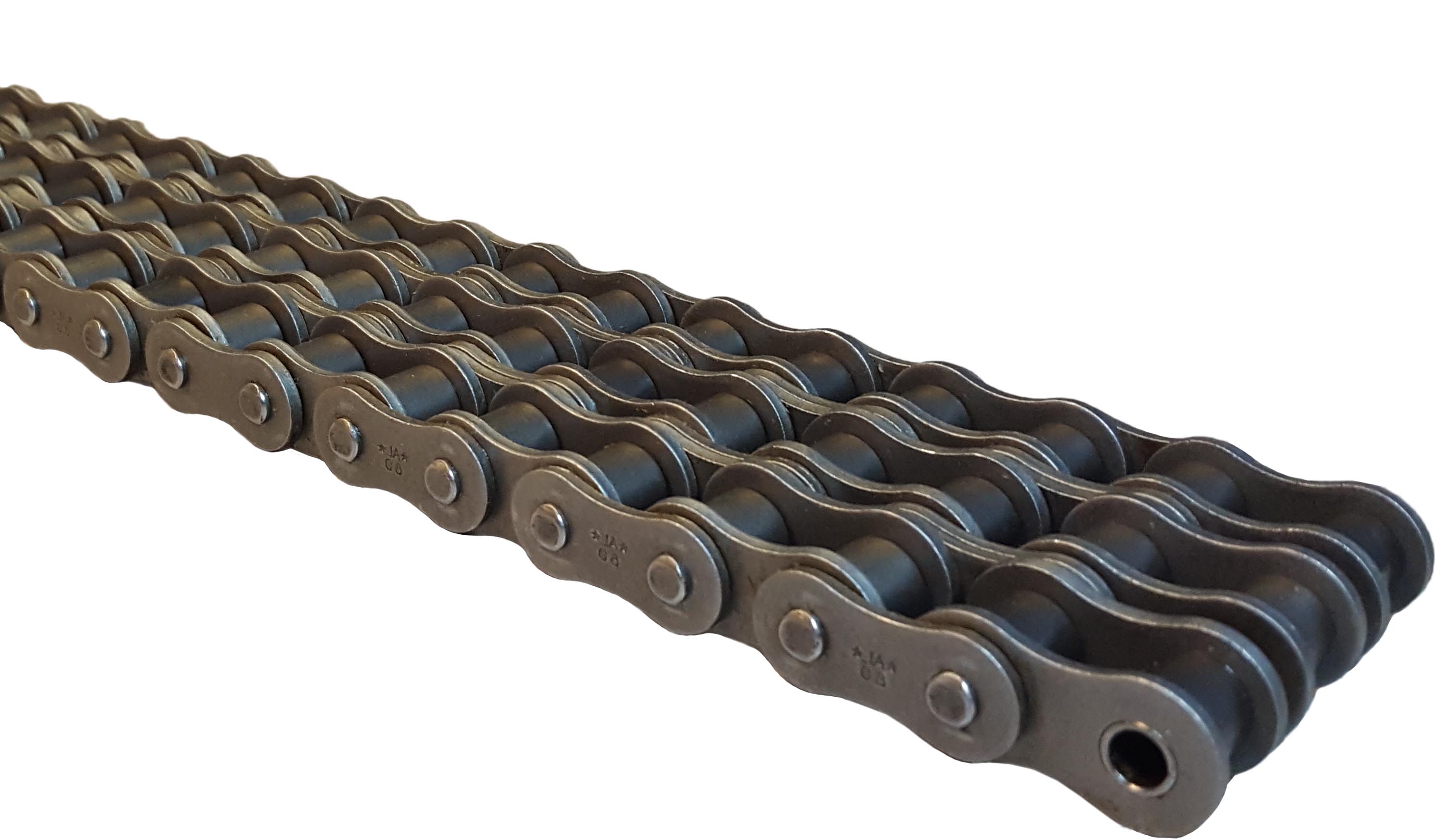 Triplex (three-strand) ANSI precision roller chain for power transmission, close-up of inner and outer link plates, rollers, and pins.