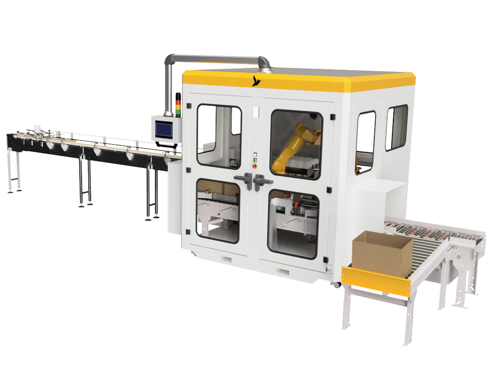 Hummingbird case-packing cell with FANUC robot, conveyor infeed, and recipe-driven changeover.