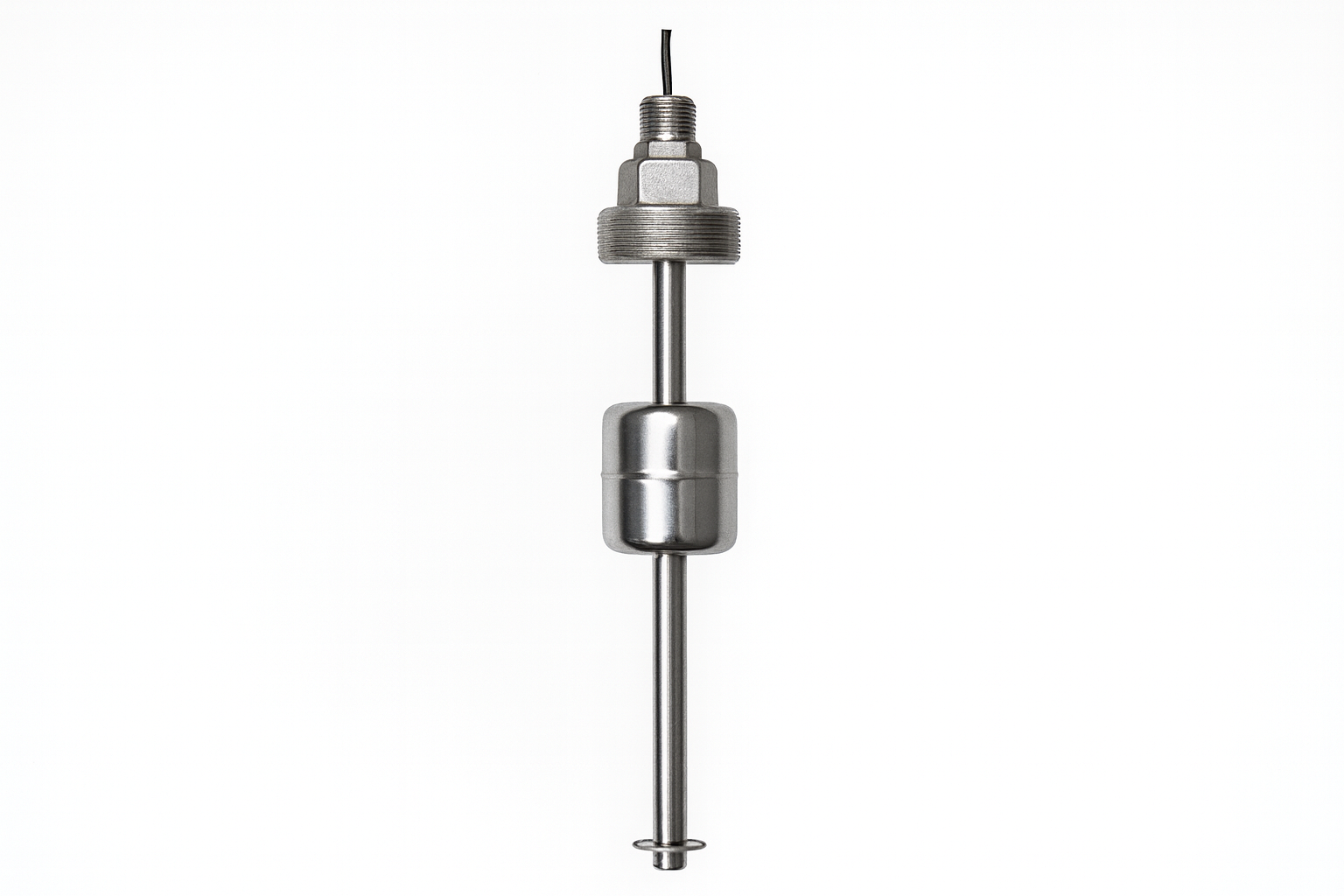 Continuous float level transmitter with a guided stainless steel float for proportional liquid level measurement.