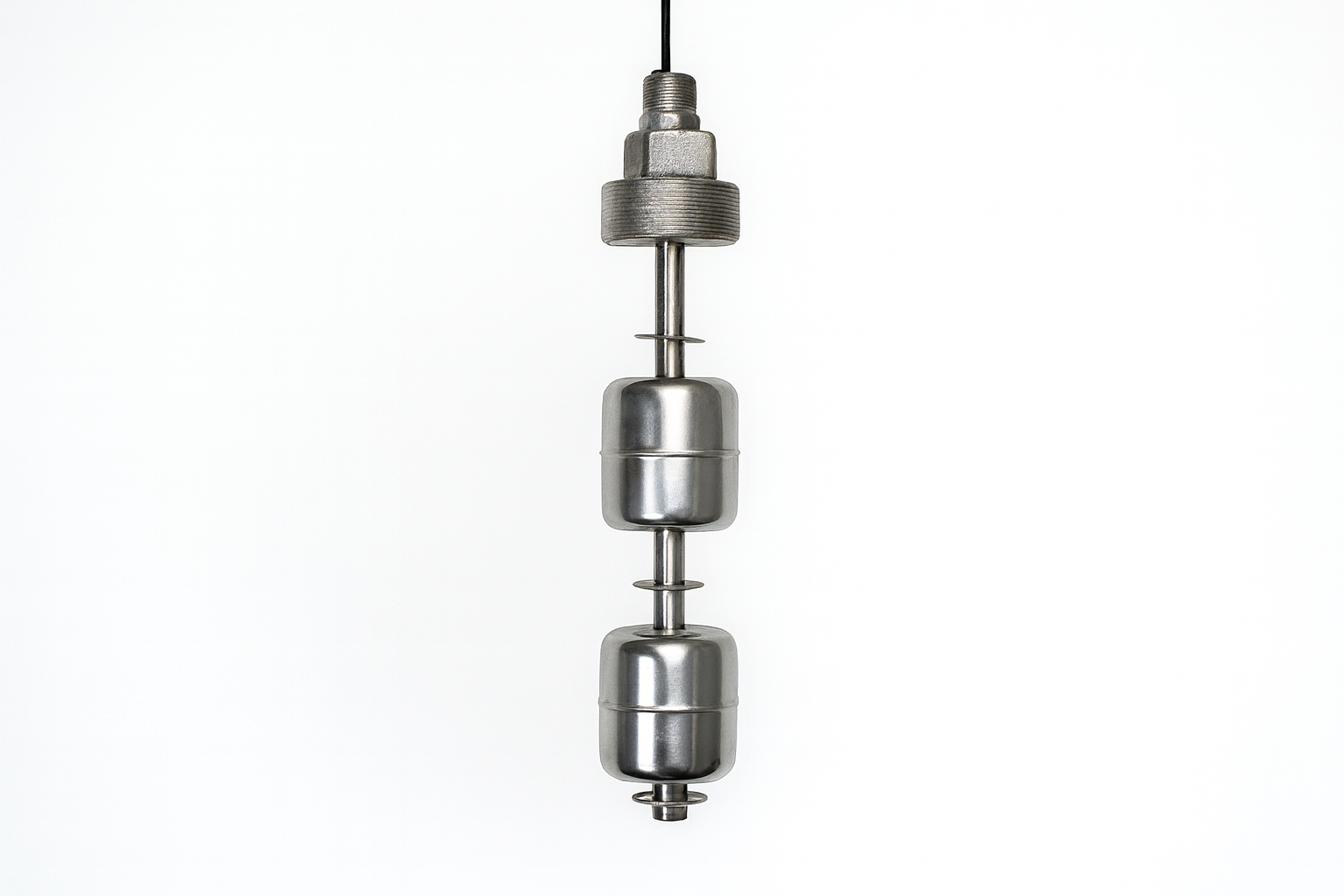 Multi-point float level sensor with two stainless steel floats providing multiple switch points on one stem.
