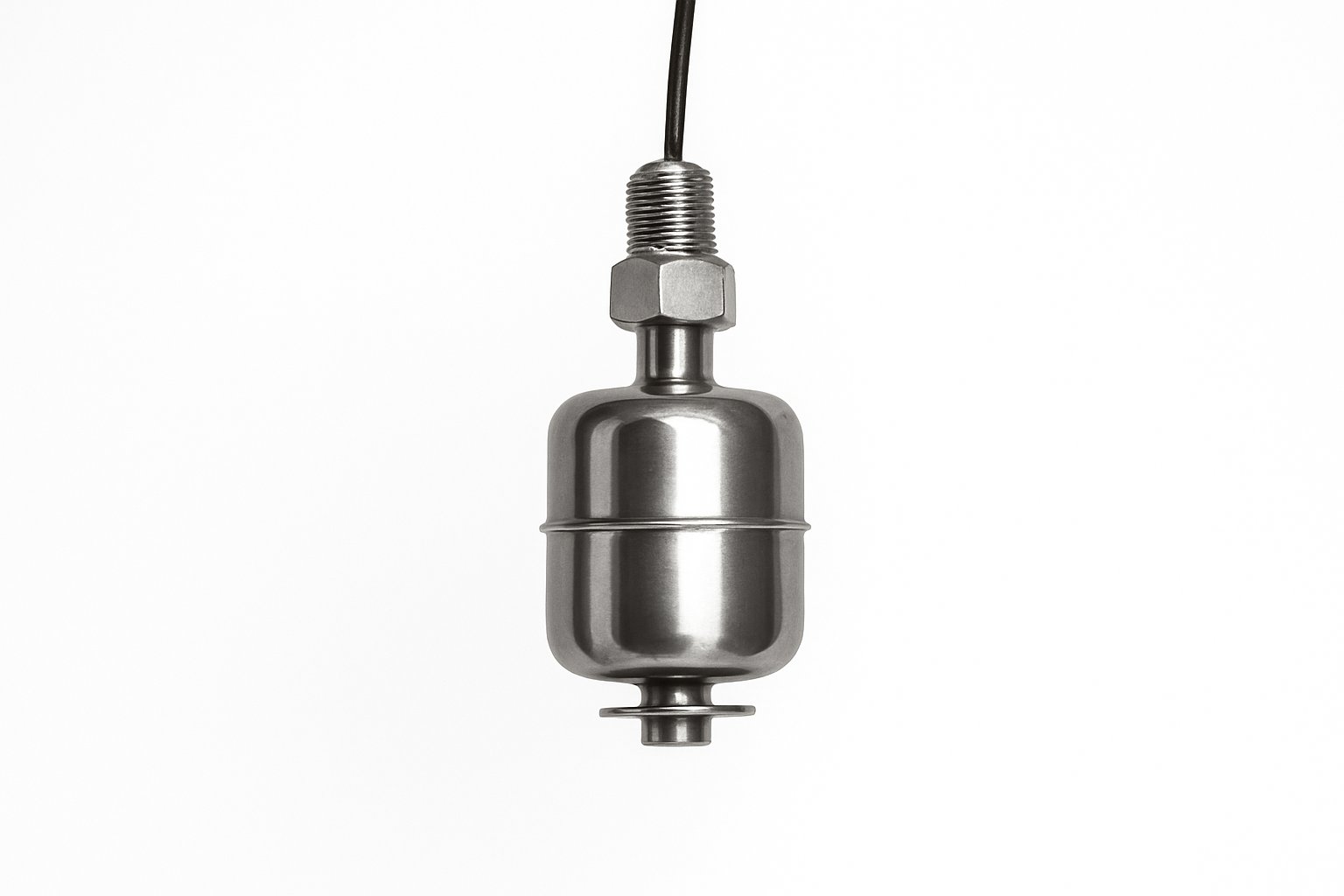 Single-point stainless steel float switch for discrete liquid level detection.