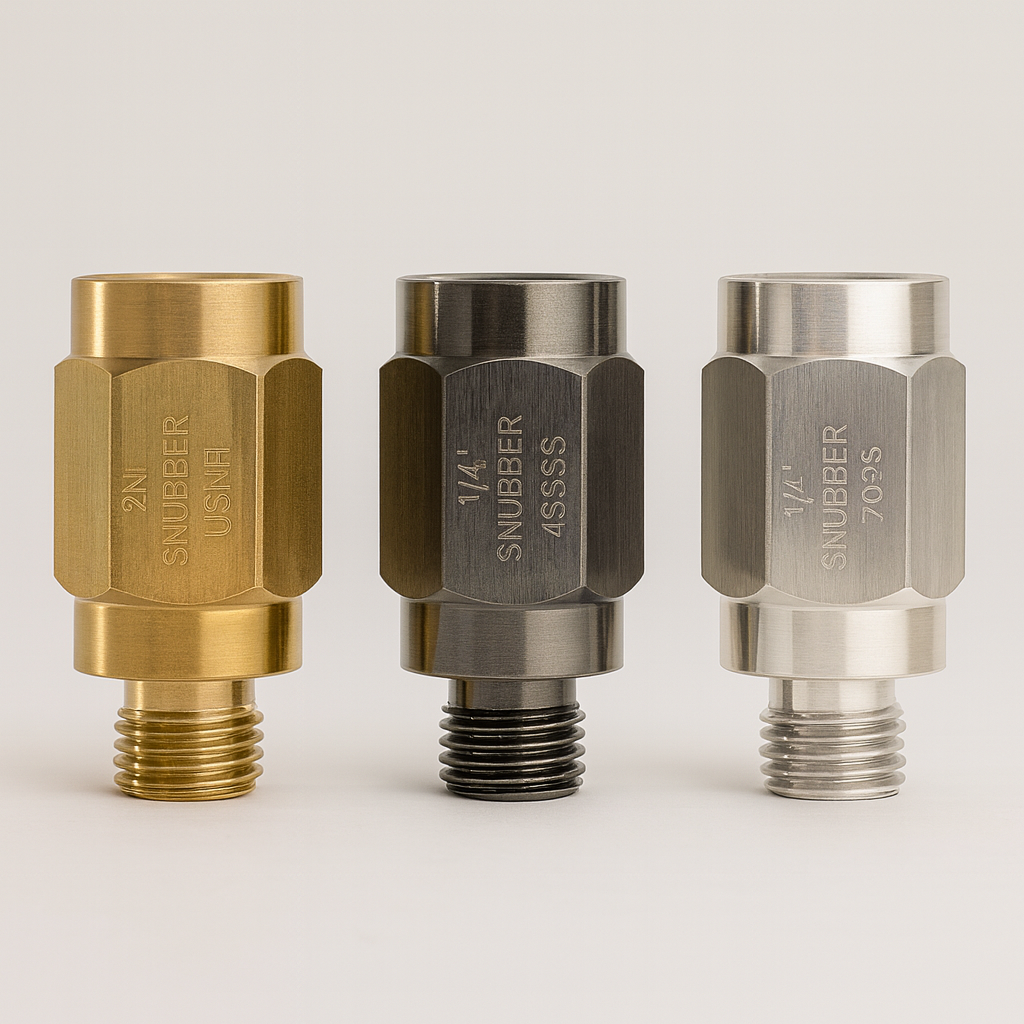 Ray® Pressure Snubbers in brass, black oxide steel, and stainless steel for protecting gauges and sensors from pressure spikes.